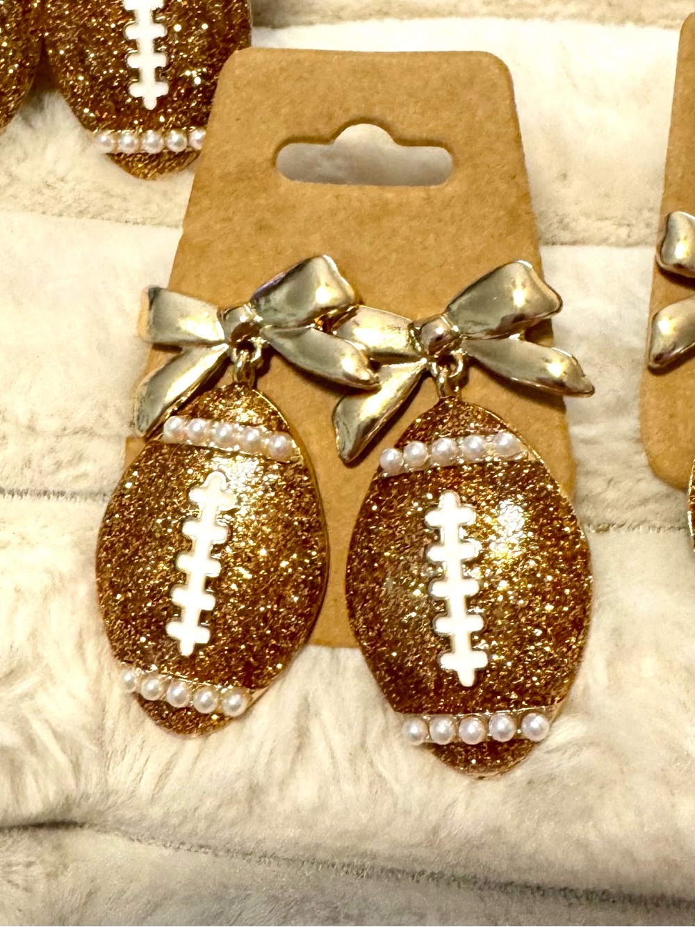 Gold Glitter Football Bow Earrings with pearl details NIB